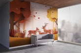 Deer family print wallpaper with forest background
